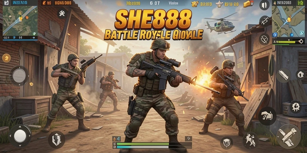 Screenshot gameplay seru dari SHE888 yang menampilkan aksi Battle Royale.